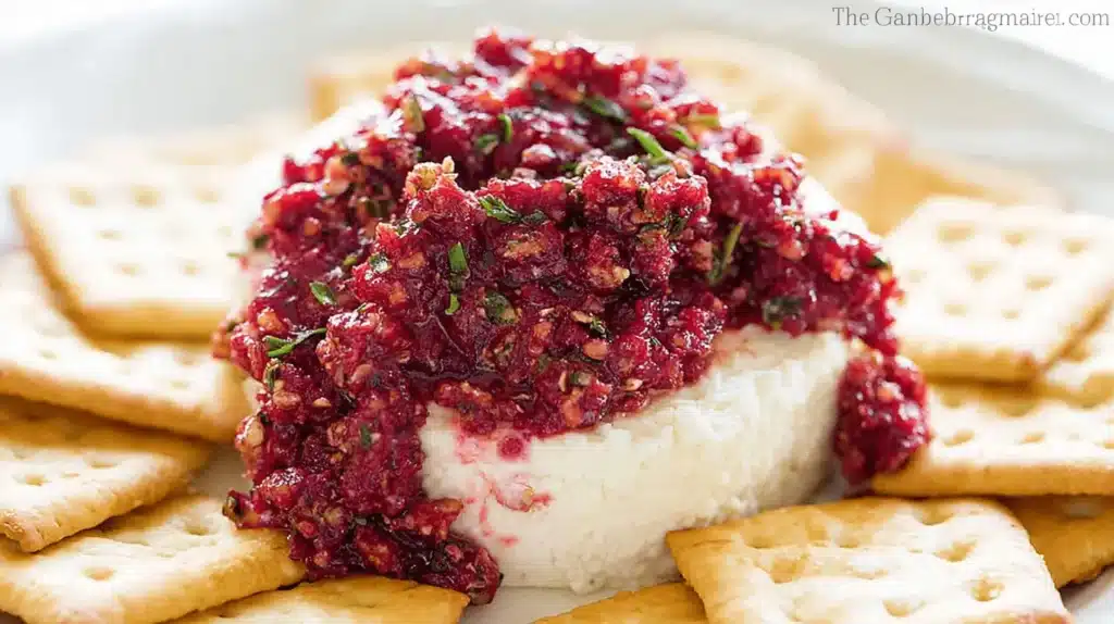 Creamy cranberry salsa cream cheese dip with vibrant red topping and golden crackers.