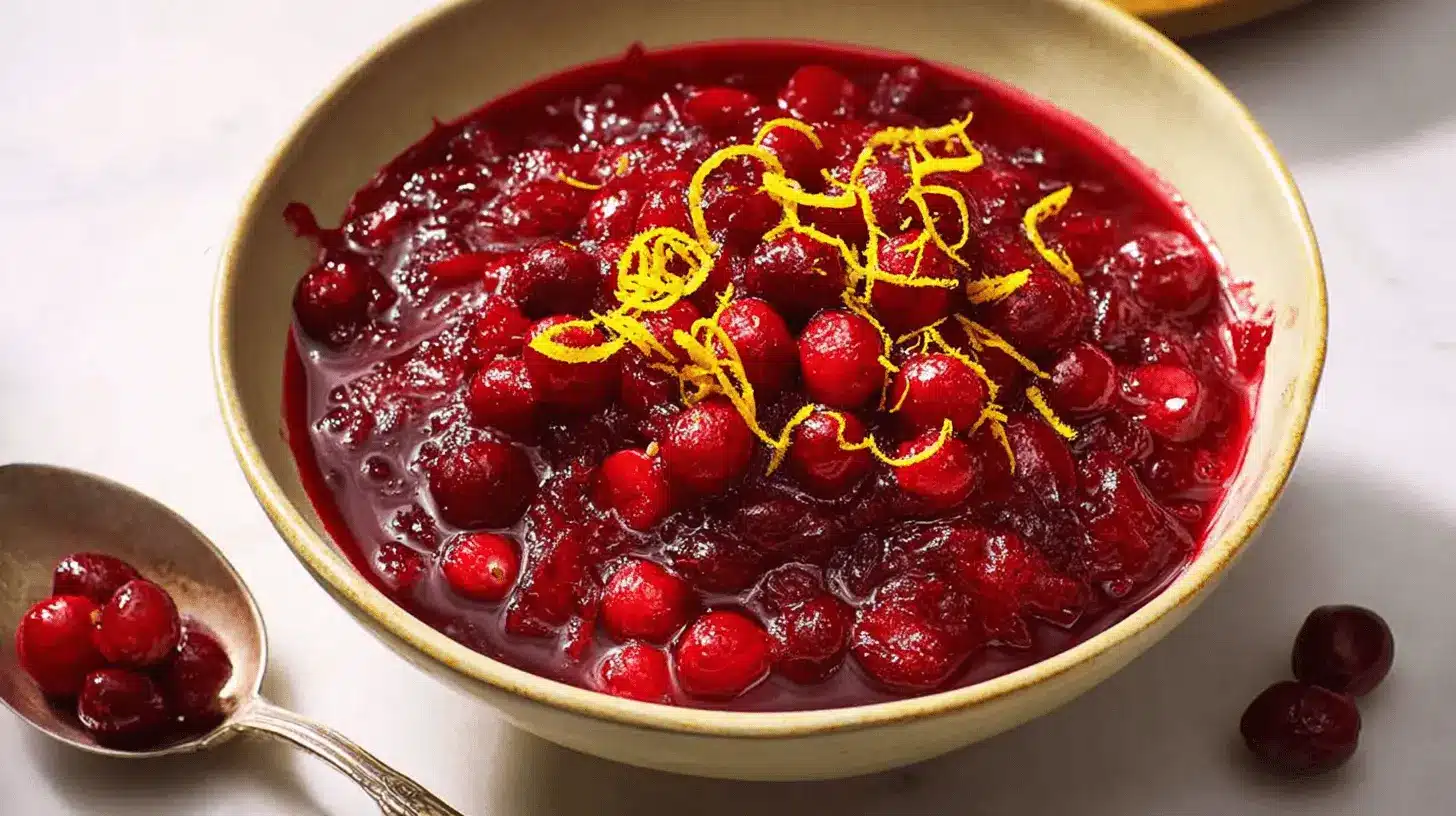 Close-up of homemade cranberry sauce garnished with lemon zest and fresh cranberries in a rustic bowl.