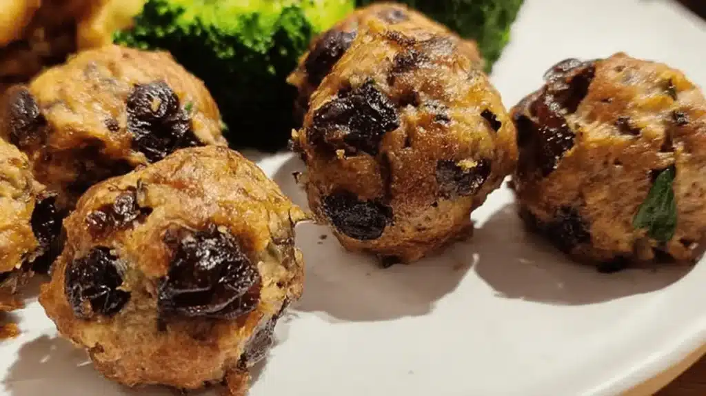 Close-up of golden-brown cranberry turkey stuffing balls with visible cranberries and herbs on a white plate.
