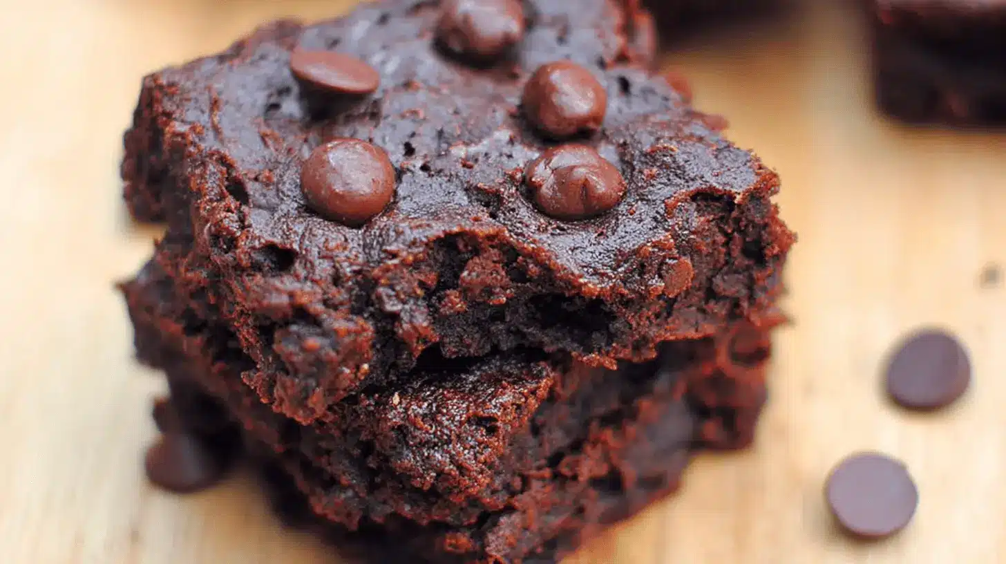 Close-up of fudgy, dark chocolate easy black bean brownies stacked on a wooden surface with chocolate chips.