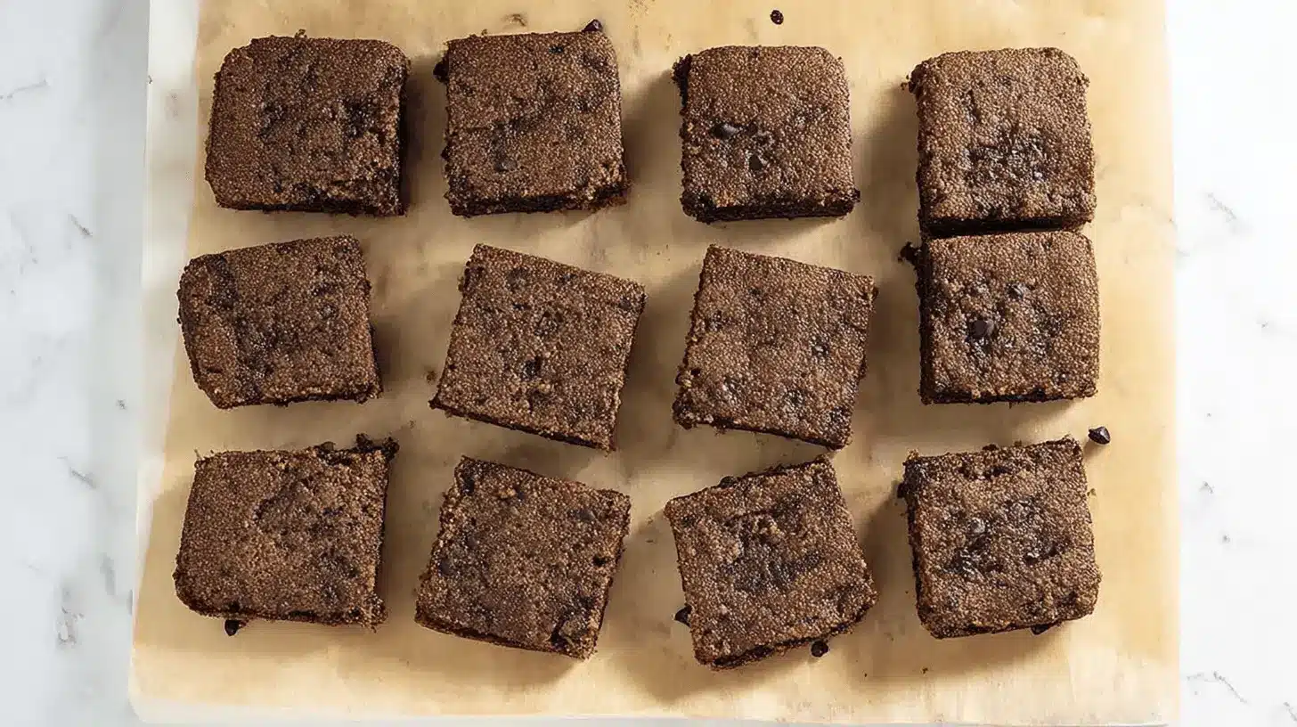 Overhead view of twelve delicious squares from a healthy brownie recipe, freshly baked and arranged on parchment paper with chocolate chips.