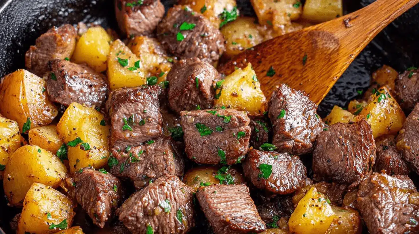 Close-up of savory Garlic Butter Beef Bites with Potatoes, seared to perfection in a cast iron skillet, garnished with fresh herbs.