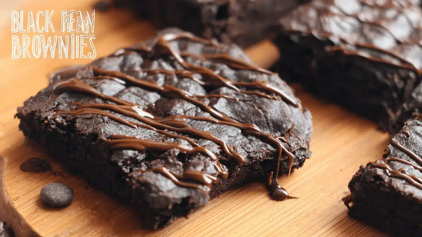 Appetizing close-up of fudgy sugar free black bean brownies, one with a bite taken out, drizzled with chocolate on a warm wooden board.