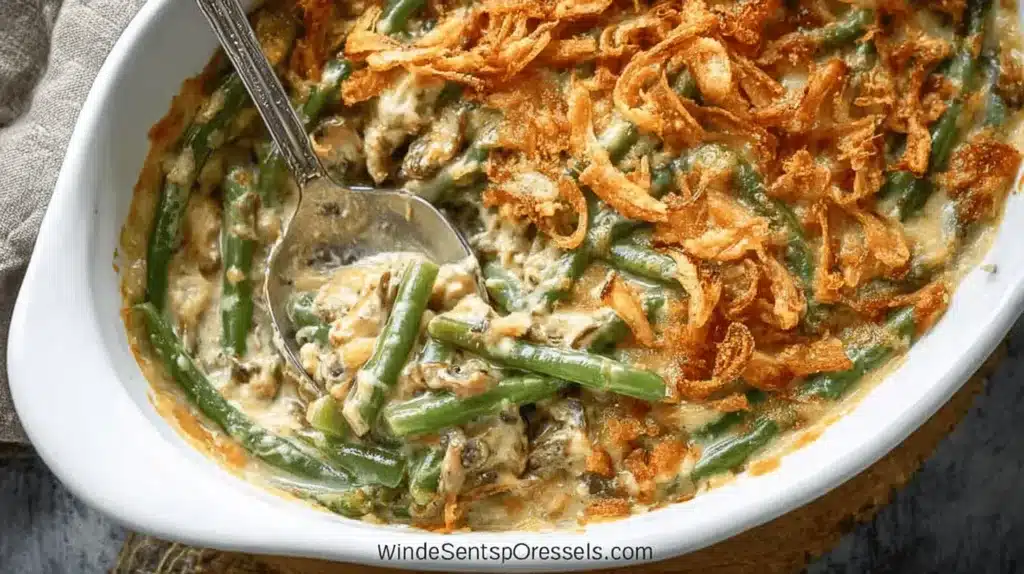 Home - Bitty Recipes 17 A close-up, overhead view of a freshly baked Classic Green Bean Casserole with crispy fried onions and a serving spoon.
