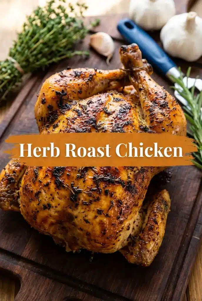 Home - Bitty Recipes 8 Golden-brown Herb Roast Chicken, fresh from the oven, resting on a rustic wooden cutting board with rosemary sprigs.