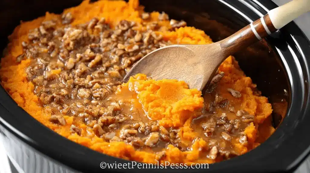 Home - Bitty Recipes 18 Close-up of creamy Sweet Potato Casserole (Crockpot or Roasted) with pecan topping being scooped from a black slow cooker.
