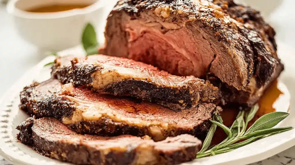 Home - Bitty Recipes 15 Perfectly roasted medium-rare Prime Rib Roast, sliced on a white platter with herbs and au jus.