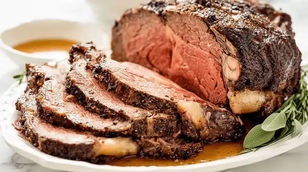 Home - Bitty Recipes 16 Freshly carved medium-rare Prime Rib Roast on a white platter with rosemary and sage garnish.