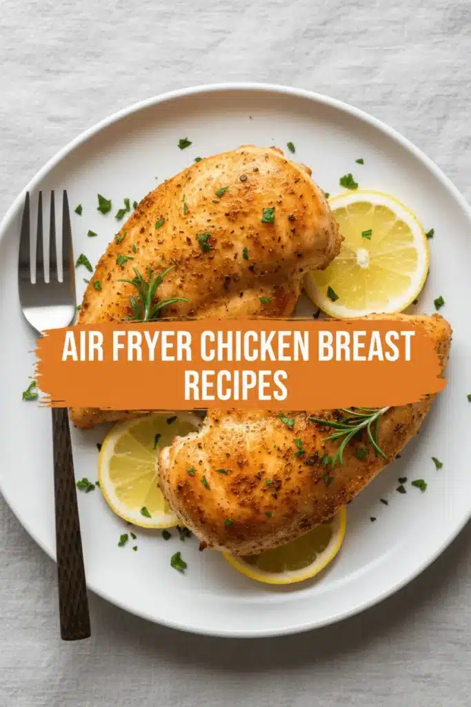 Home - Bitty Recipes 7 Perfectly cooked golden-brown chicken breasts with herbs and lemon on a white plate, showcasing delicious air fryer chicken breast recipes.
