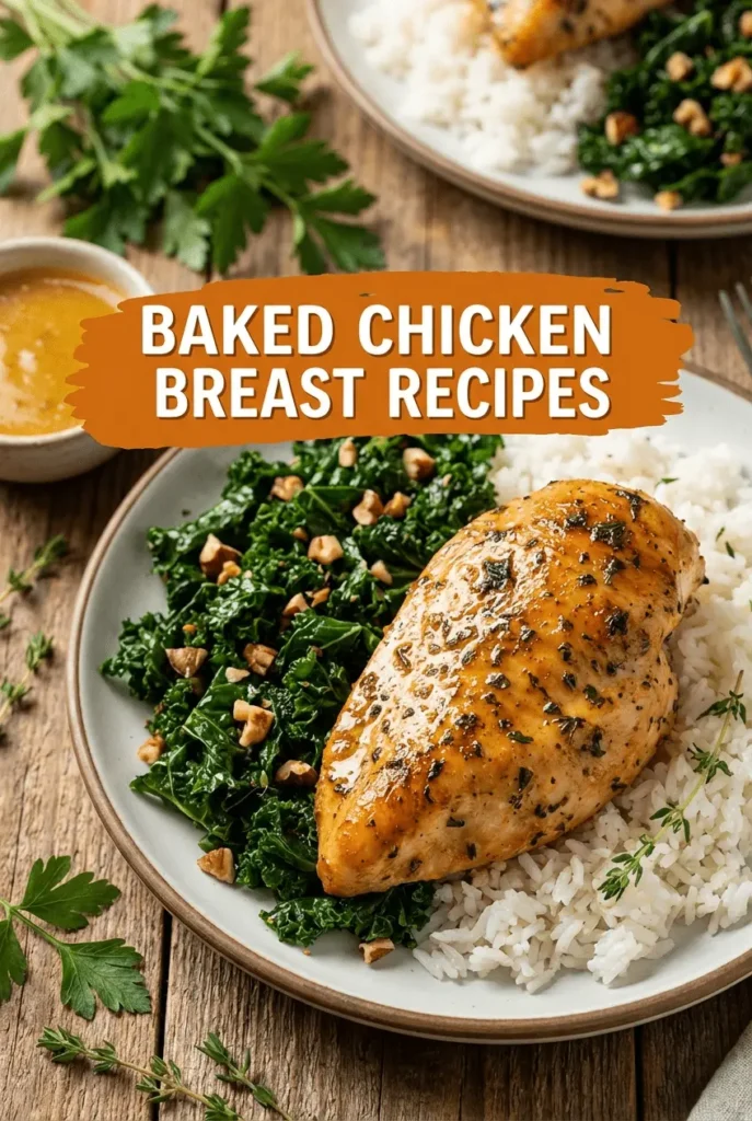 Home - Bitty Recipes 6 Golden-brown baked chicken breast with rice and kale, ideal for healthy baked chicken breast recipes.