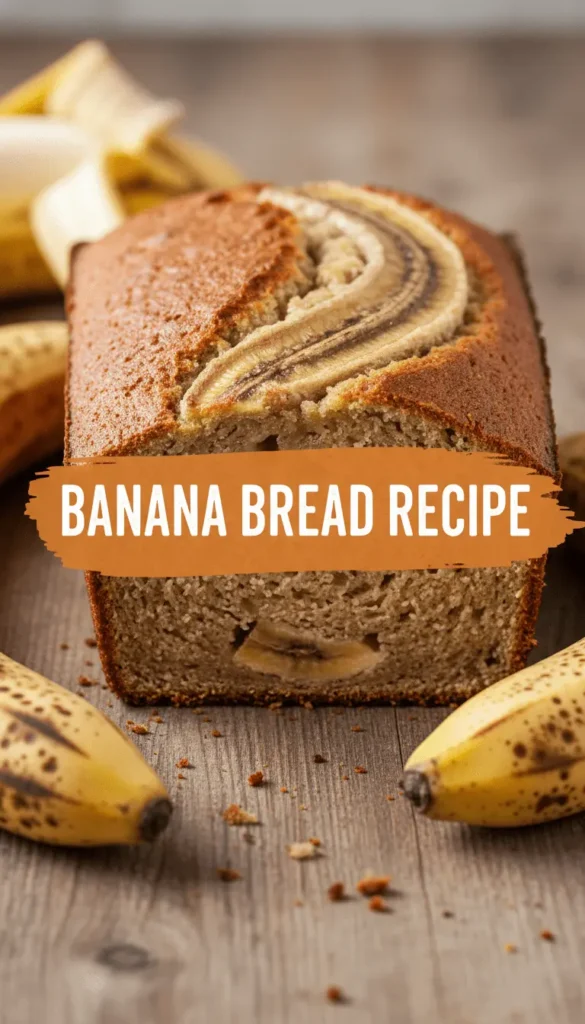 Home - Bitty Recipes 5 Freshly baked banana bread loaf with a sliced banana topping, surrounded by ripe bananas and featuring a "banana bread recipe" text overlay on a rustic wooden background.