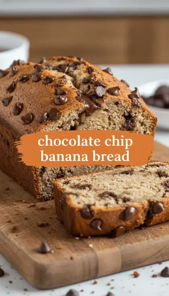 Home - Bitty Recipes 4 A beautifully baked loaf of chocolate chip banana bread on a rustic wooden cutting board, with two slices cut.